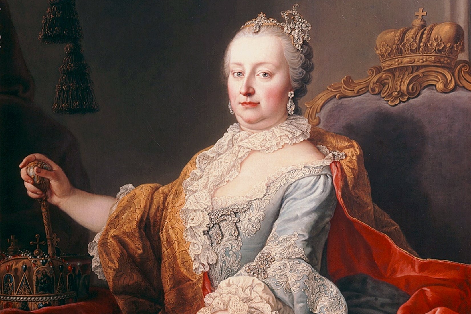 Martin van Meytens: Císařovna Marie Terezie (olej na plátně, výřez, 1759)