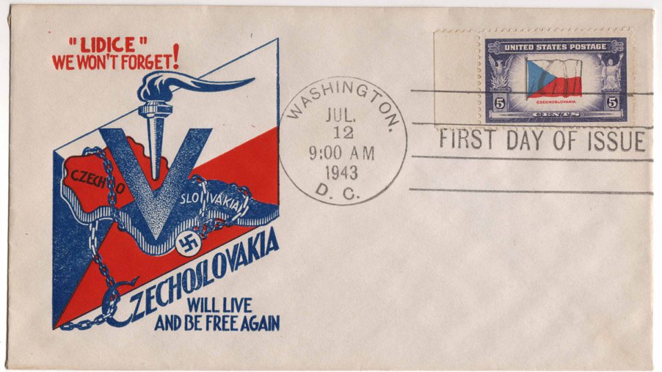 Obálka americké pošty vydaná k 1. výročí zločinu spáchaného na Lidicích