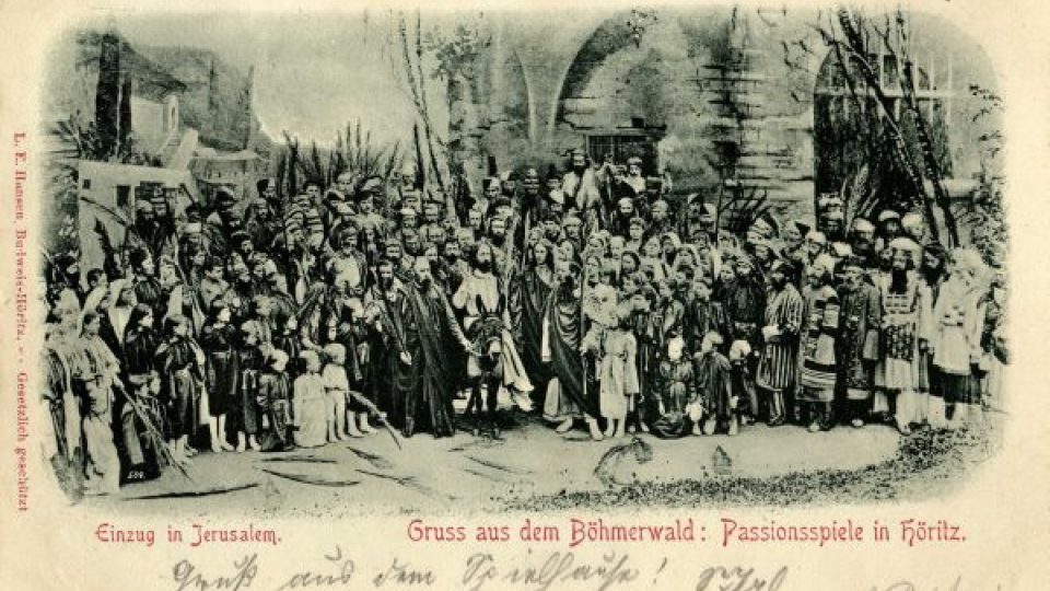 Hořické pašijové hry. Scéna Příjezd Krista do Jeruzaléma, 1893