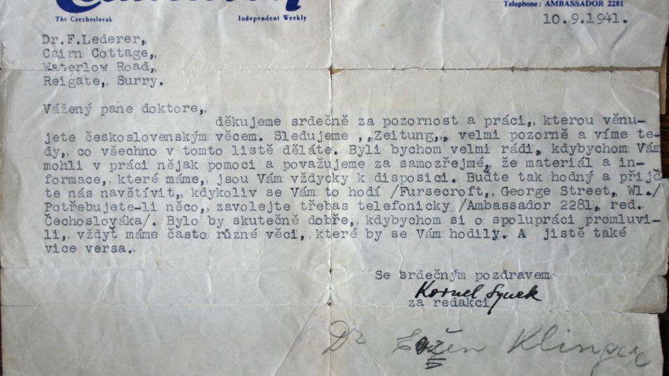Dopis z redakce československých novin ve Velké Británii potzvrzuje, že František Lederer upozorňoval i za války na stránkách německých novin na československou problematiku