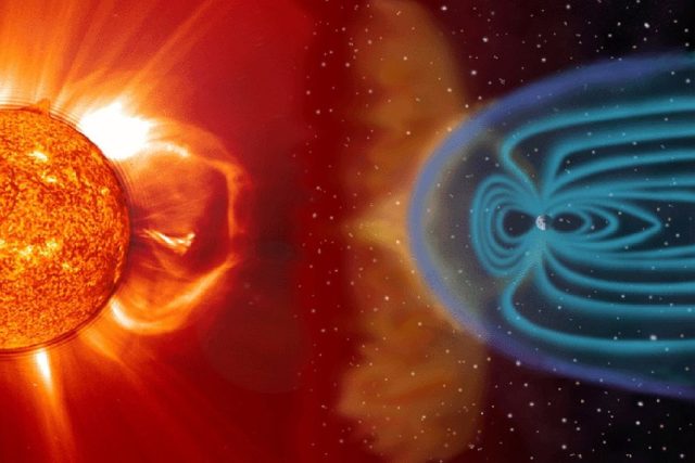 Koláž interakce slunečního větru s magnetosférou Země | foto:  SOHO  (NASA & ESA)