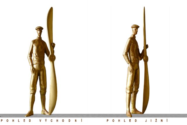 Bronzový památník - figura aviatika v nadživotní velikosti,  v ruce drží vrtuli letadla Blériot  (František Bálek a další) | foto:  Město Pardubice