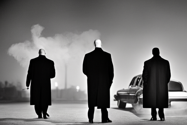 Obrázek vytvořený neuronovou sítí Stable Diffusion na základě zadání „three gangsters coming to city,  smoking cigarettes,  next to a limo,  at night,  dark scene,  black and white“ | foto: Stable Diffusion