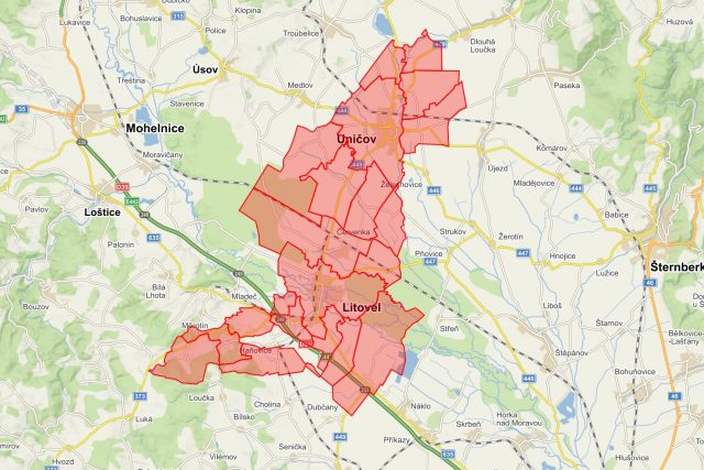 Uzavřená územi na Litovelsku a Uničovsku k 16. 3. 2020 | foto: Ondřej Růžička,  Mapy.cz