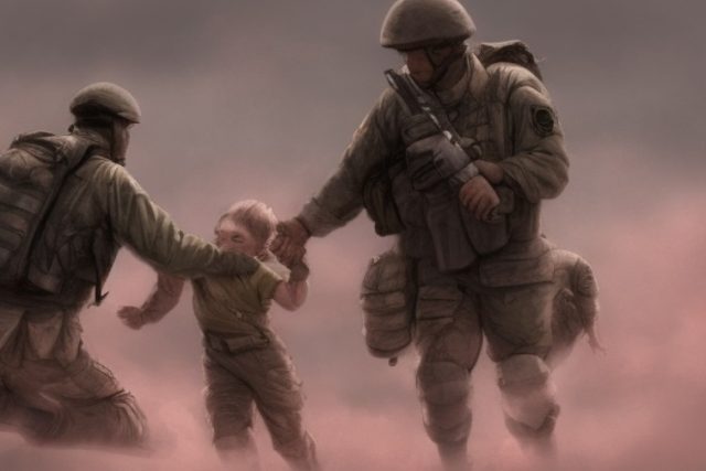 Obrázek vytvořený neuronovou sítí Stable Diffusion na základě zadání &quot;a soldier abduct children from battlefield&quot; | foto: Stable Diffusion