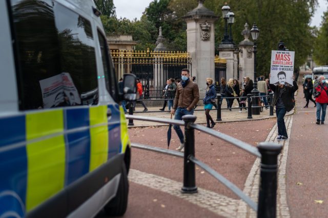Demonstarce proti rouškám před Buckinghamským palácem v Londýně | foto: Fotobanka Profimedia