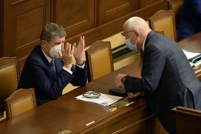 Zleva premiér Andrej Babiš a předseda poslaneckého klubu ANO Jaroslav Faltýnek | foto: Kateřina Šulová,  ČTK