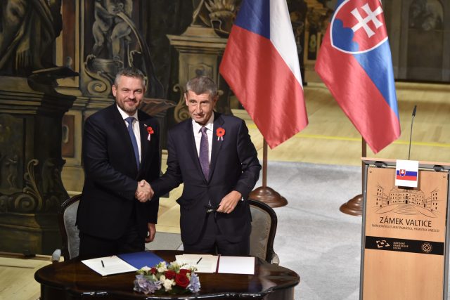 Česká a slovenská vláda společně zasedaly na zámku ve Valticích. Na snímku premiéři Andrej Babiš a Peter Pellegrini | foto: Václav Šálek,  ČTK