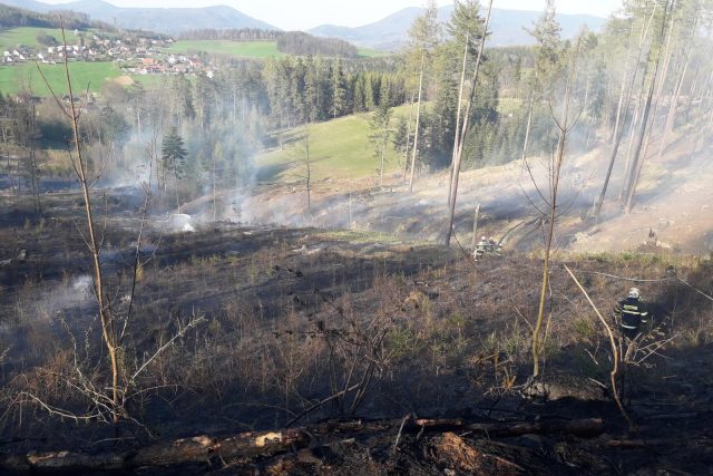 Požár trávy z poloviny dubna v obci Vidče na Vsetínsku | foto: Hasičský záchranný sbor Zlínského kraje
