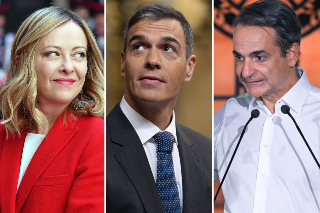 Giorgia Meloniová,  Pedro Sánchez a Kyriakos Mitsotakis | foto: Fotobanka Profimedia,  Koláž Český rozhlas