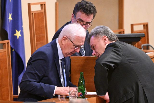 Ministr spravedlnosti Pavel Blažek  (ODS) v Senátu debatuje s Jiřím Drahošem  (za STAN) | foto: Michal Kamaryt,  ČTK