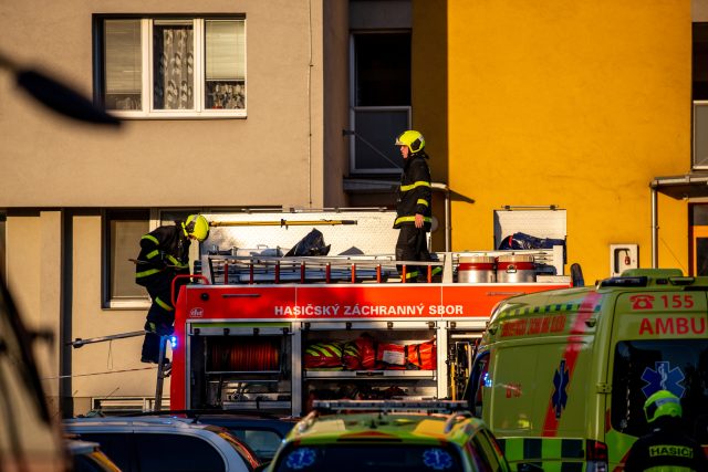 Zasahující záchranáři při požáru panelového domu v Bohumíně,  během kterého zemřelo jedenáct lidí | foto: Pryček Vladimír,  ČTK