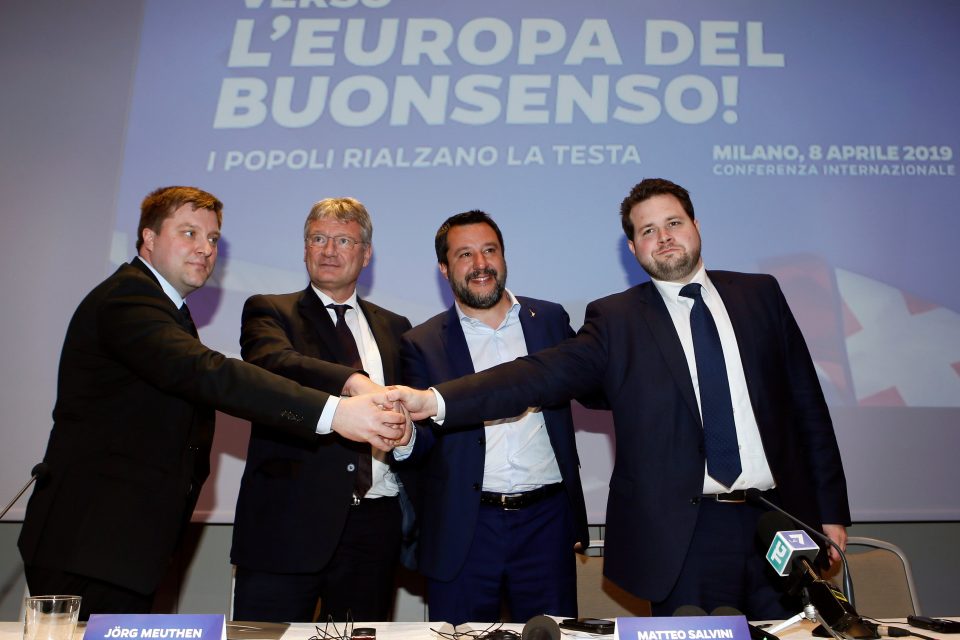 Schůzka nacionalistických a protiimigračních stran v Miláně,  na snímku Matteo Salvini,  Jörg Meuthen,  Olli Kotro a Anders Vistisen | foto: Alessandro Garofalo,  Reuters