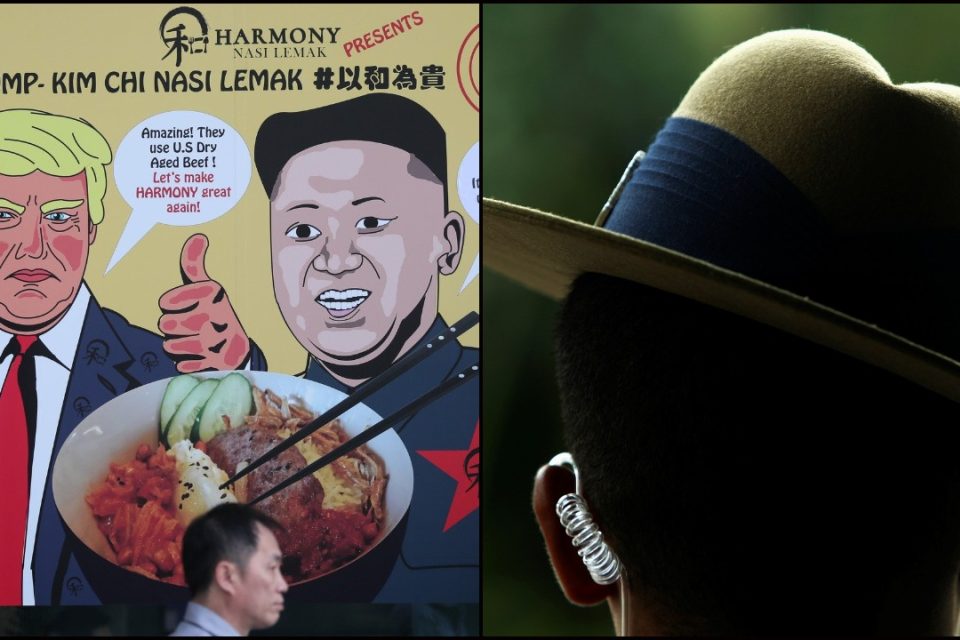 Singapur před summitem Donalda Trumpa a Kim Čong-una: vlevo reklama na speciální pokrm pojmenovaný po obou vůdcích,  vpravo  detailní záběr na příslušníka elitních jednotek nepálských Gurhků. Ti slouží i v řadách singapurské armády a budou střežit bezpečný | foto: Edgar Su / Koláž iROZHLAS,  Reuters / Profimedia