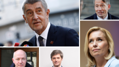 Prezidentští kandidáti z loňských voleb. Andrej Babiš, Karel Diviš, Pavel Fischer, Marek Hilšer a Danuše Nerudová